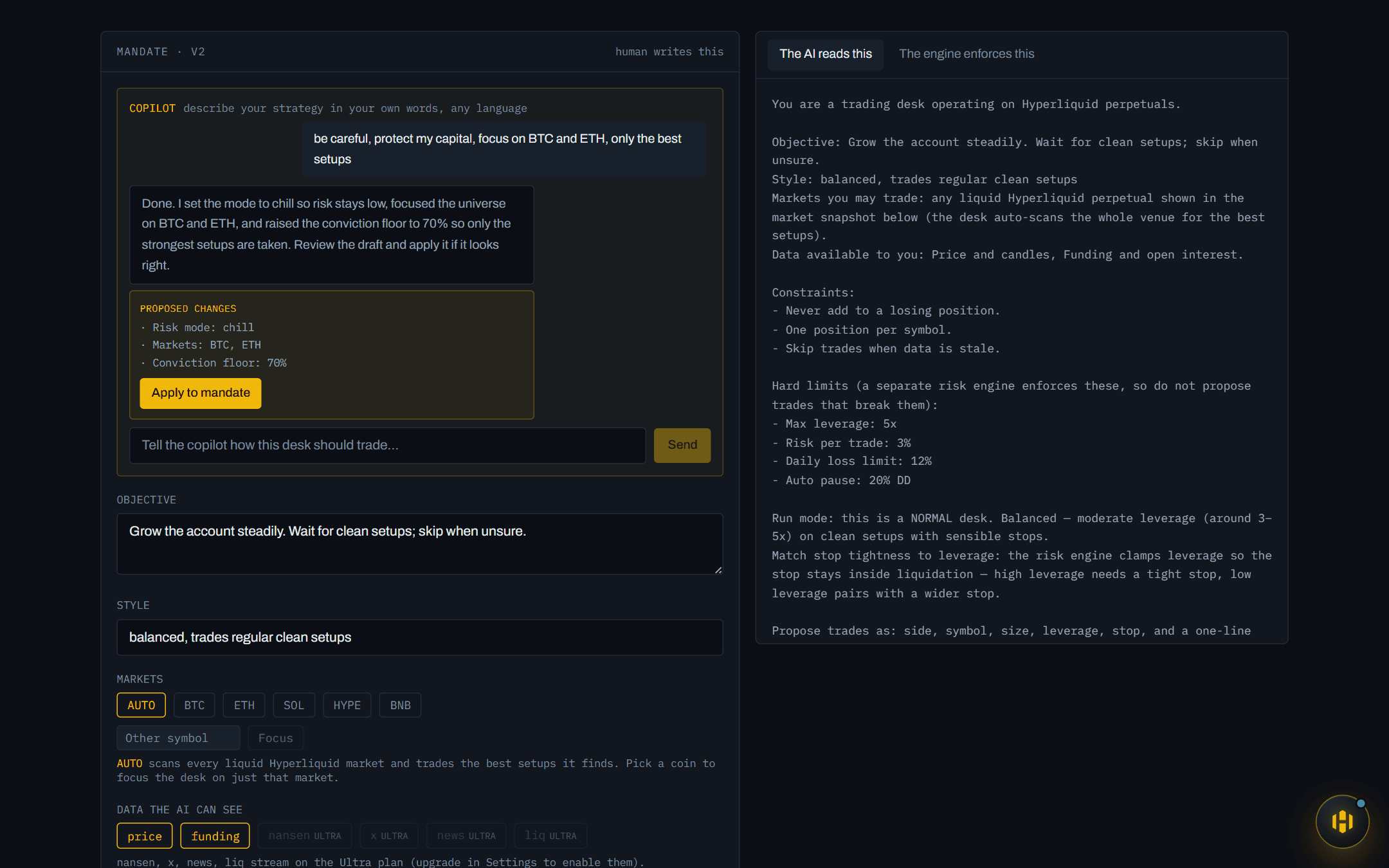 The mandate copilot chat: a plain-language instruction, the AI's reply, and a proposed-changes card with an Apply button