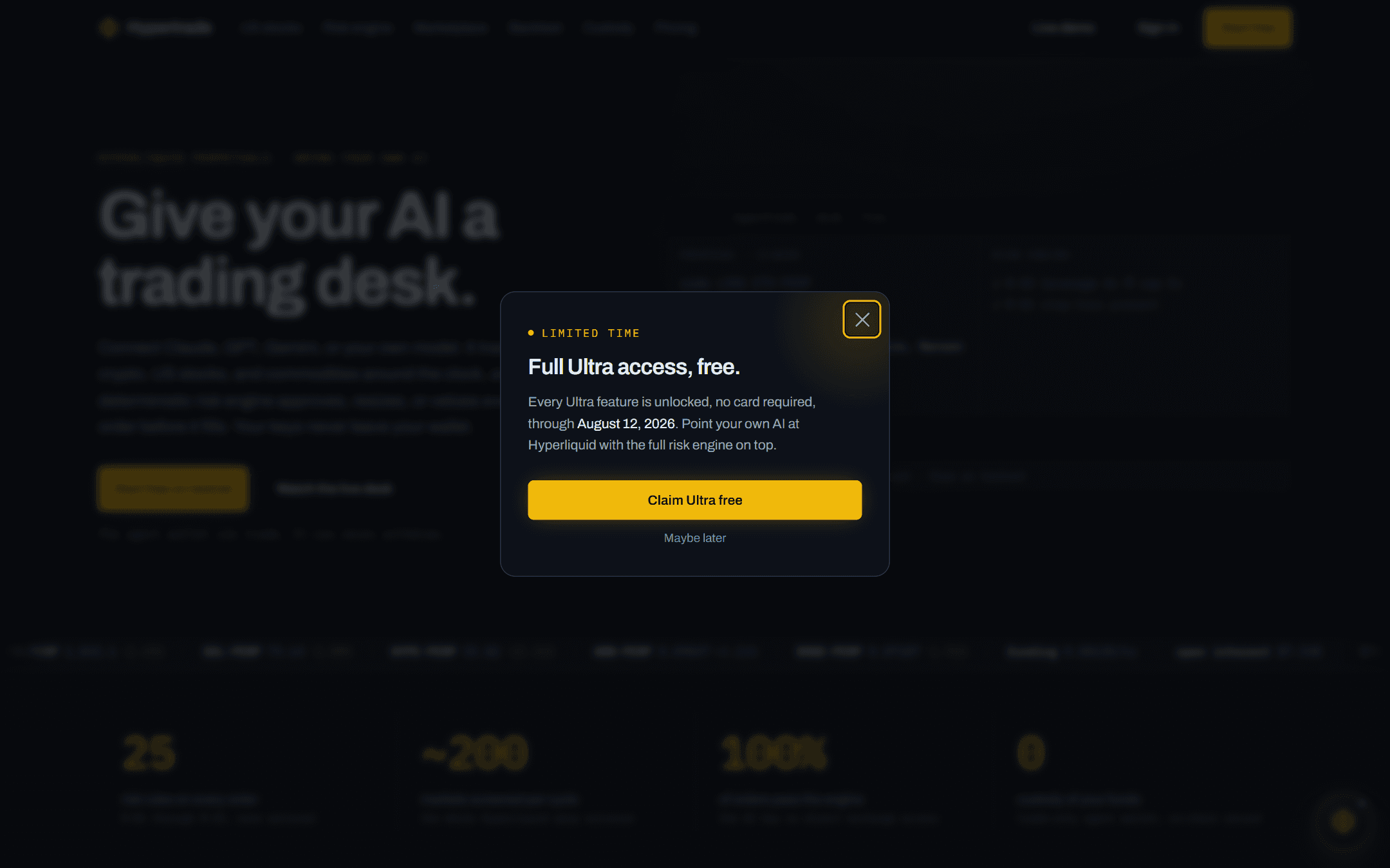 Hypertrade landing page: give your AI a trading desk on Hyperliquid