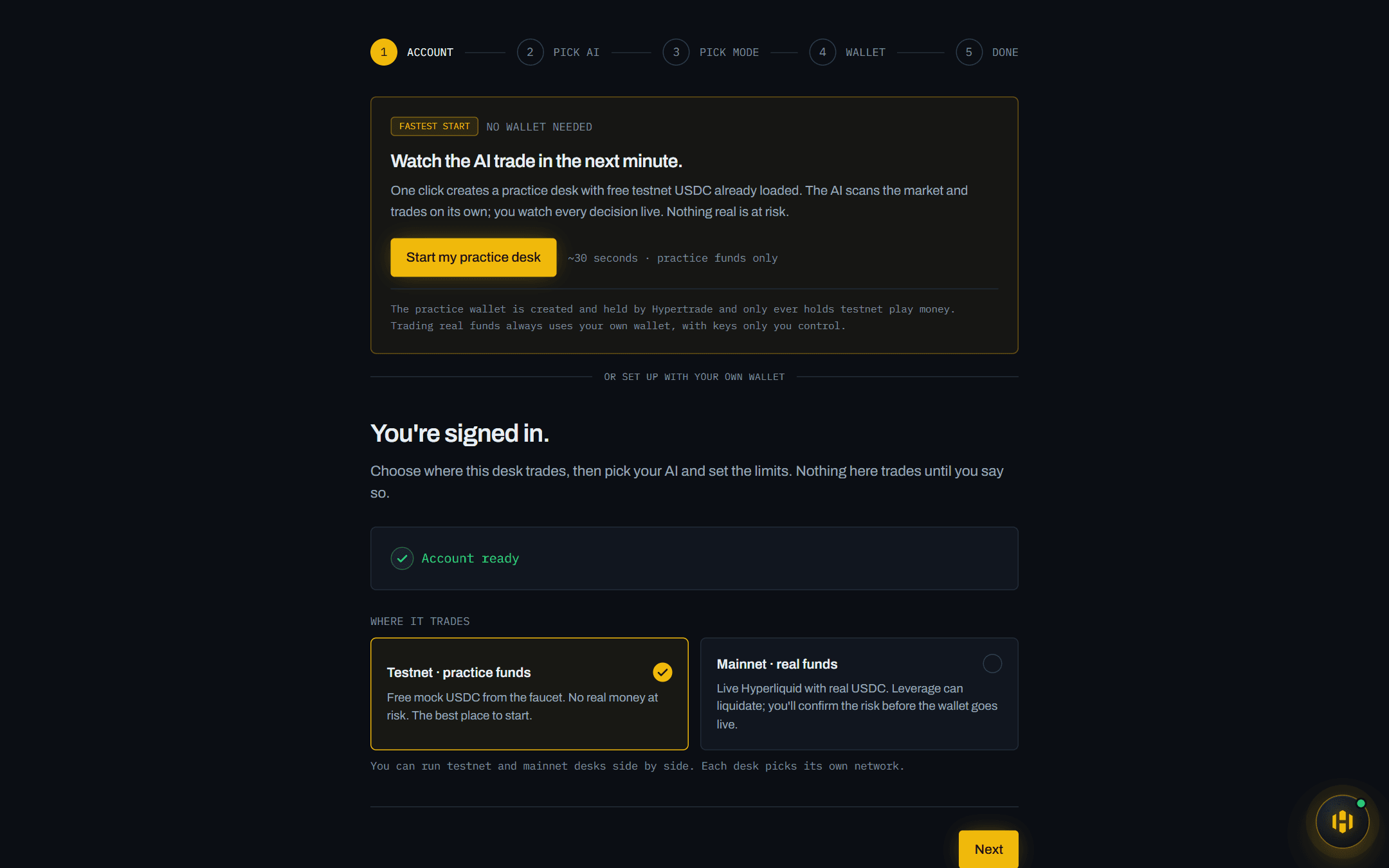 Hypertrade setup page with the Start my practice desk card highlighted at the top